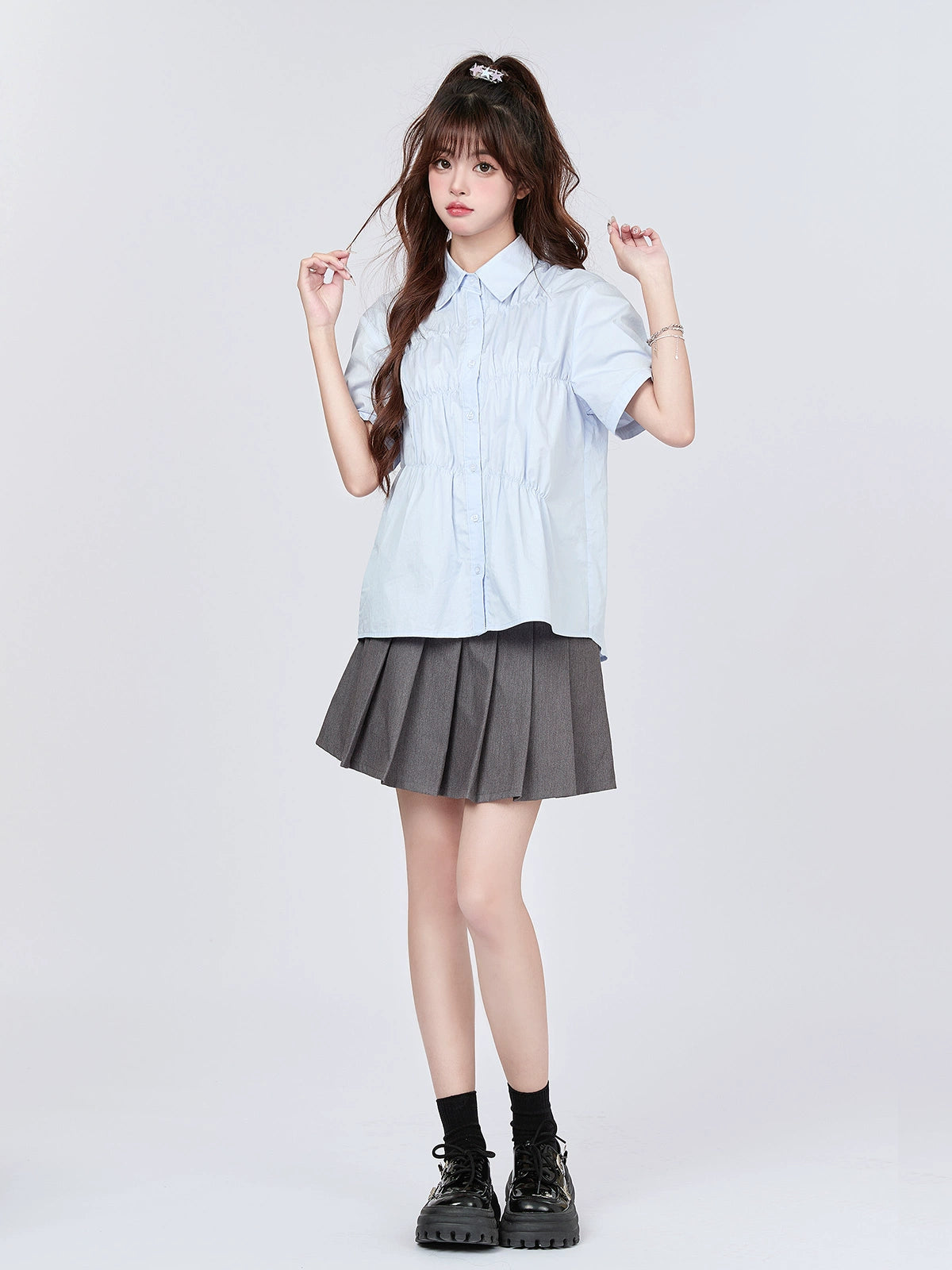 Milk Blue Pleated Design Shirt