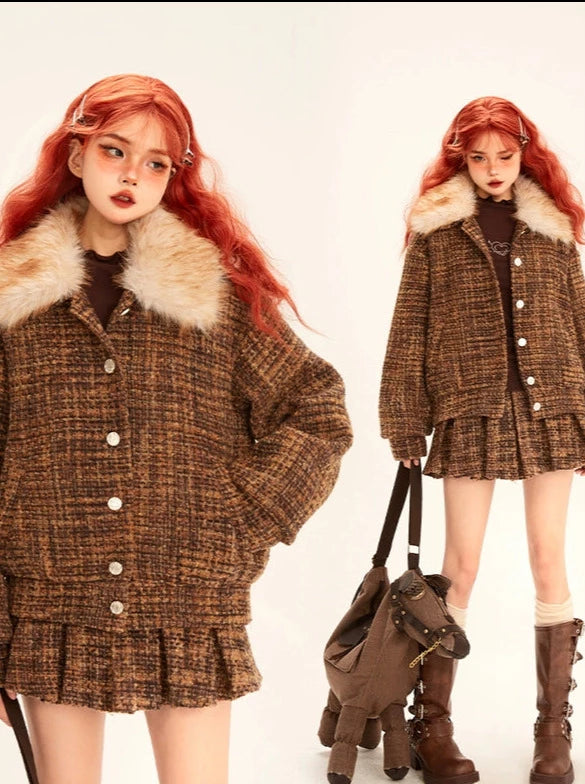 College Style Suit Fur Collar Brown Check Jacket + Pleated Skirt