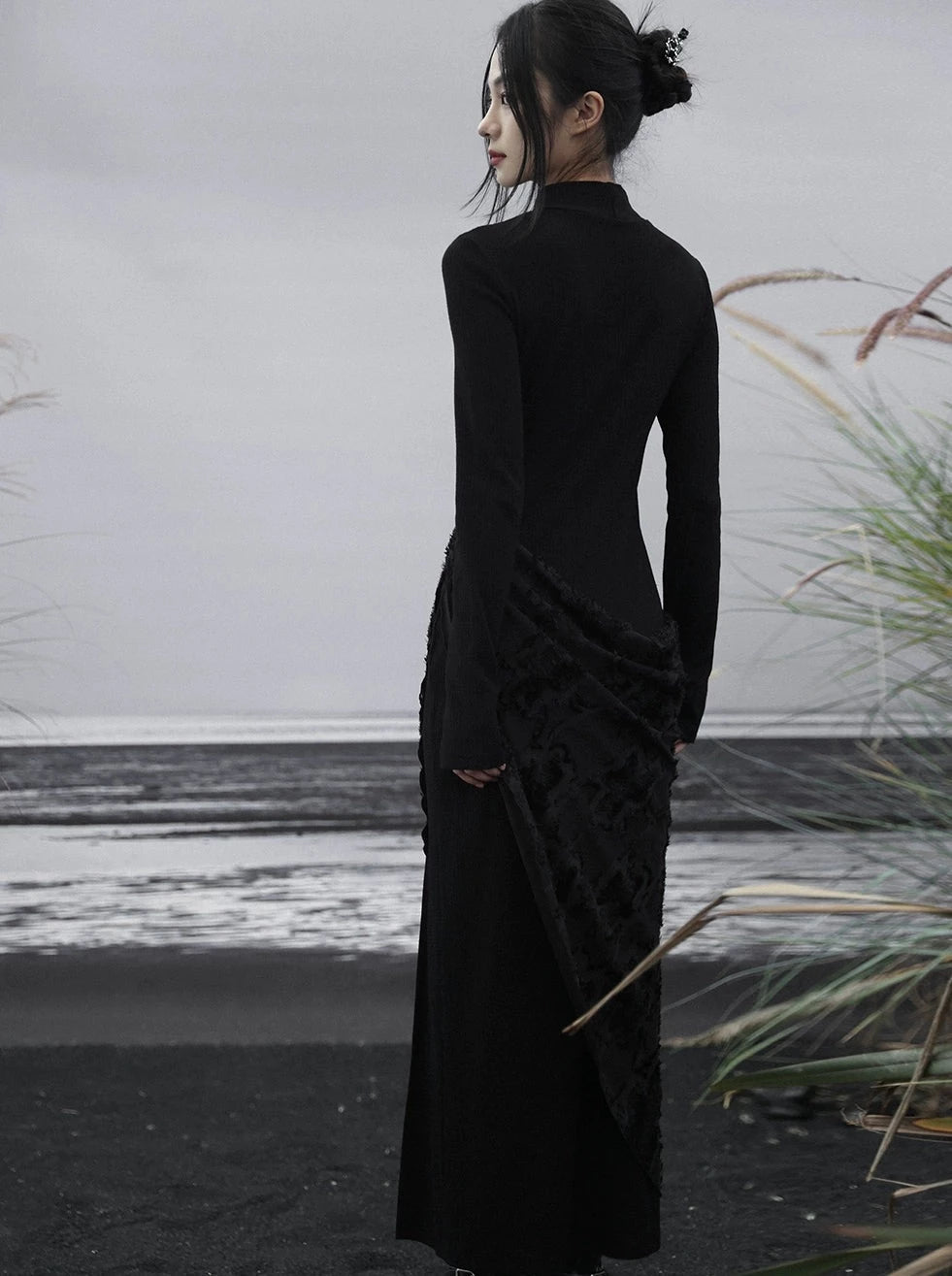 修身内搭复古拼接开衩打底连衣裙