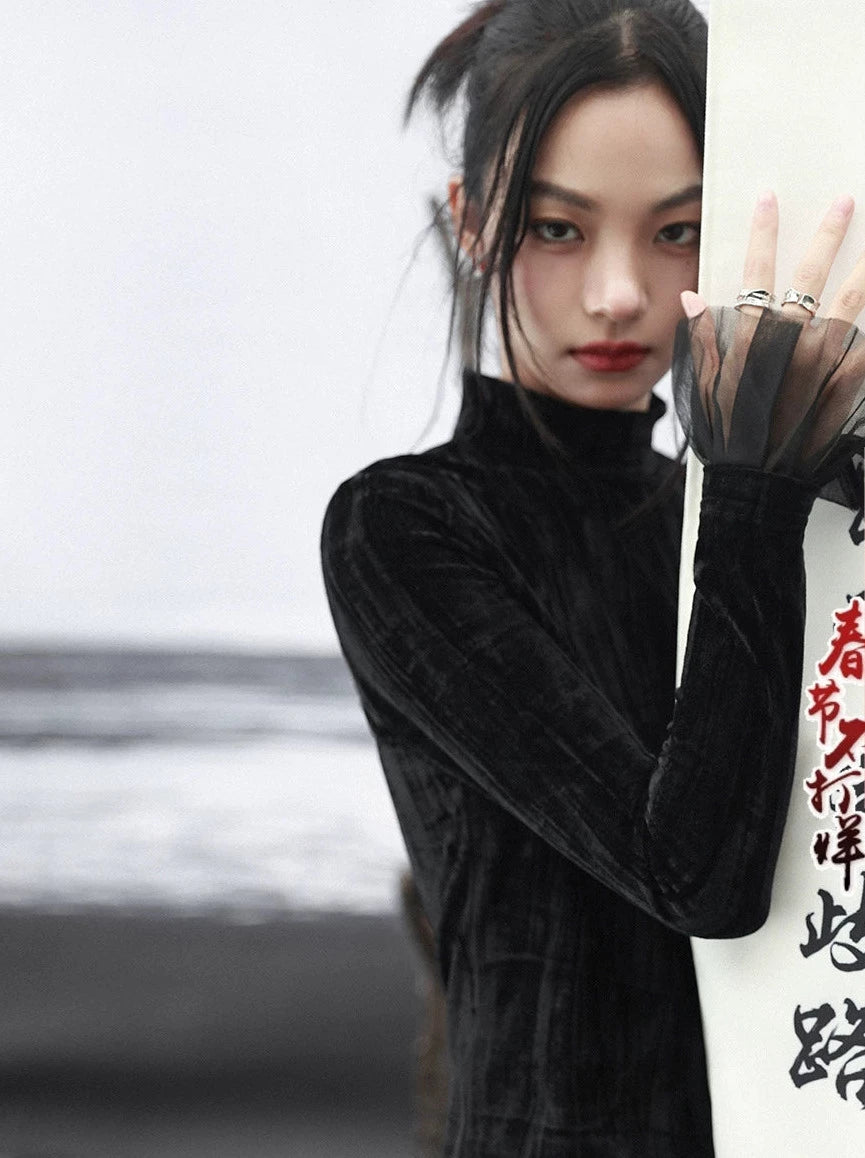 レトロベルベットダークメッシュスプライシングタートルネックシャツ