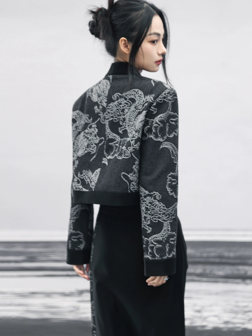 レトロダブルブレストジャカードスプライシングハイウエストルーズドラゴントップス