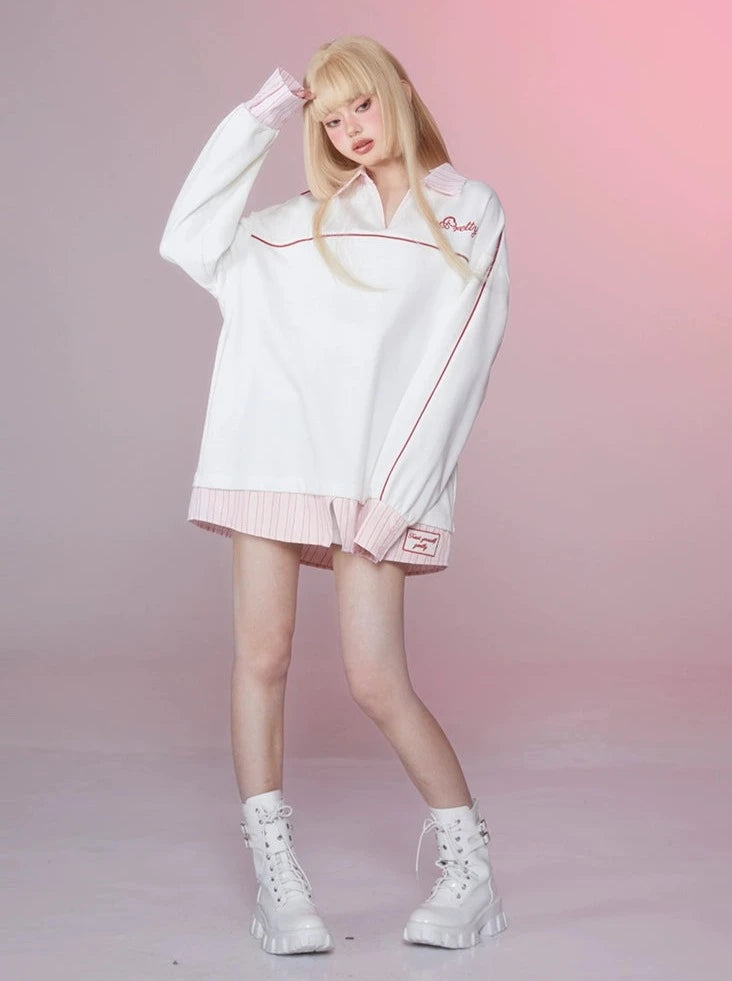 ストライプカラーブロックラペルトップオーバーサイズトレーナー