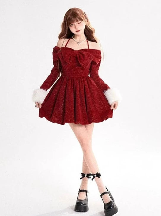 金红色露背复古天鹅绒连衣裙