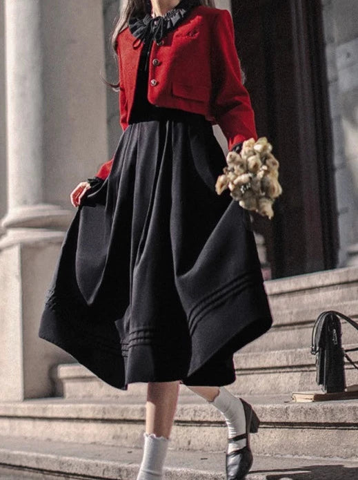 red short jacket for dress Fashion model demonstrate trendy wear and accessories. casual red jacket, black short dress
