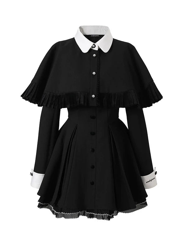 ポロカラーケープ+ウエストデザインワンピース【予約商品】