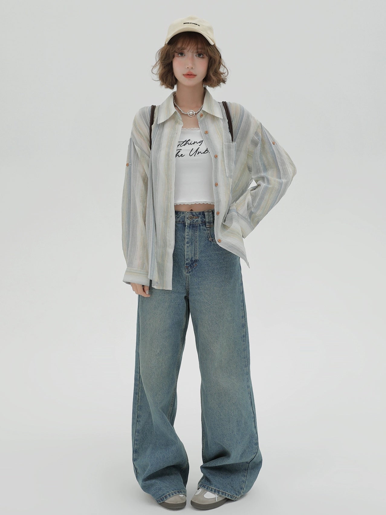 Contrast collar striped loose shirt