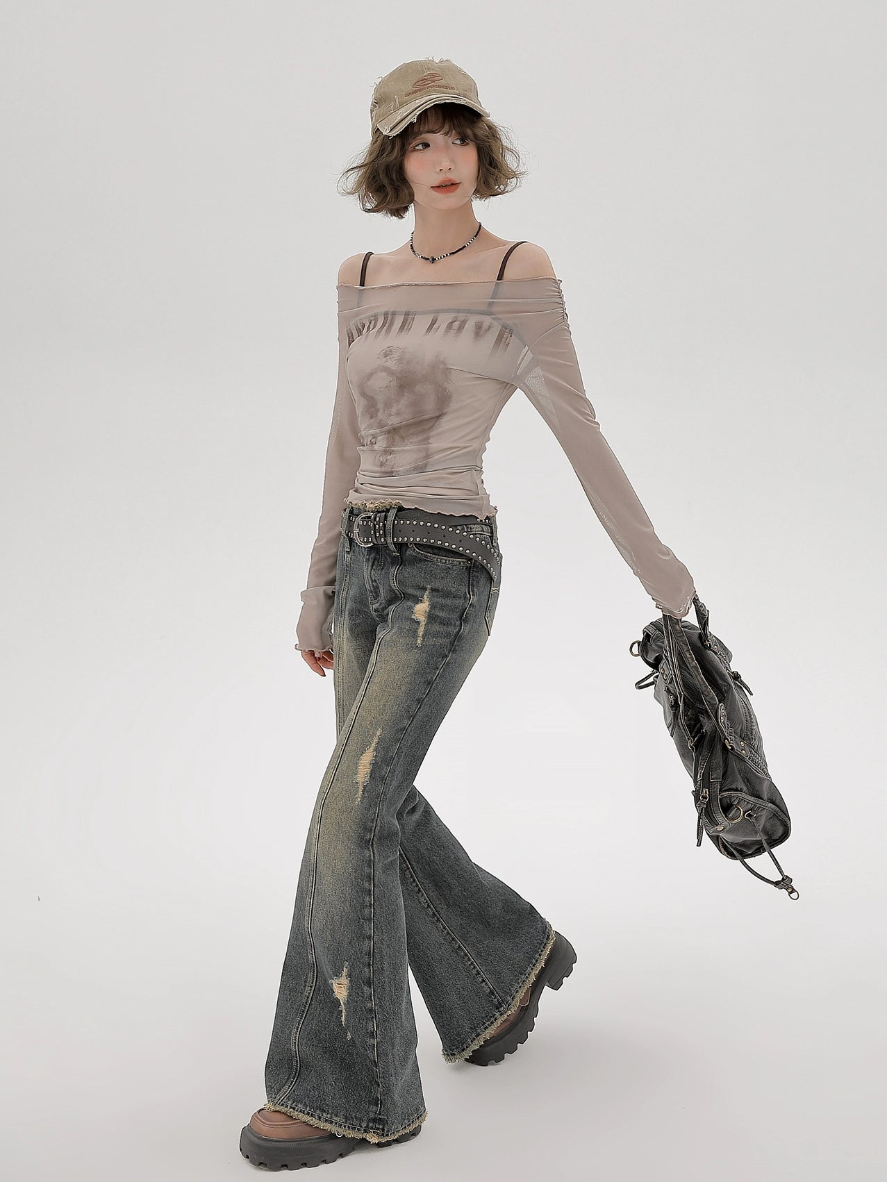 アメリカンメッシュシアーオフショルダーロンT+キャミソールインナー