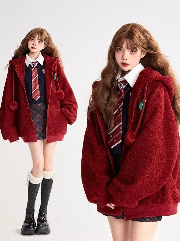 Red Hoodie Zip Bore Sweat Jacket