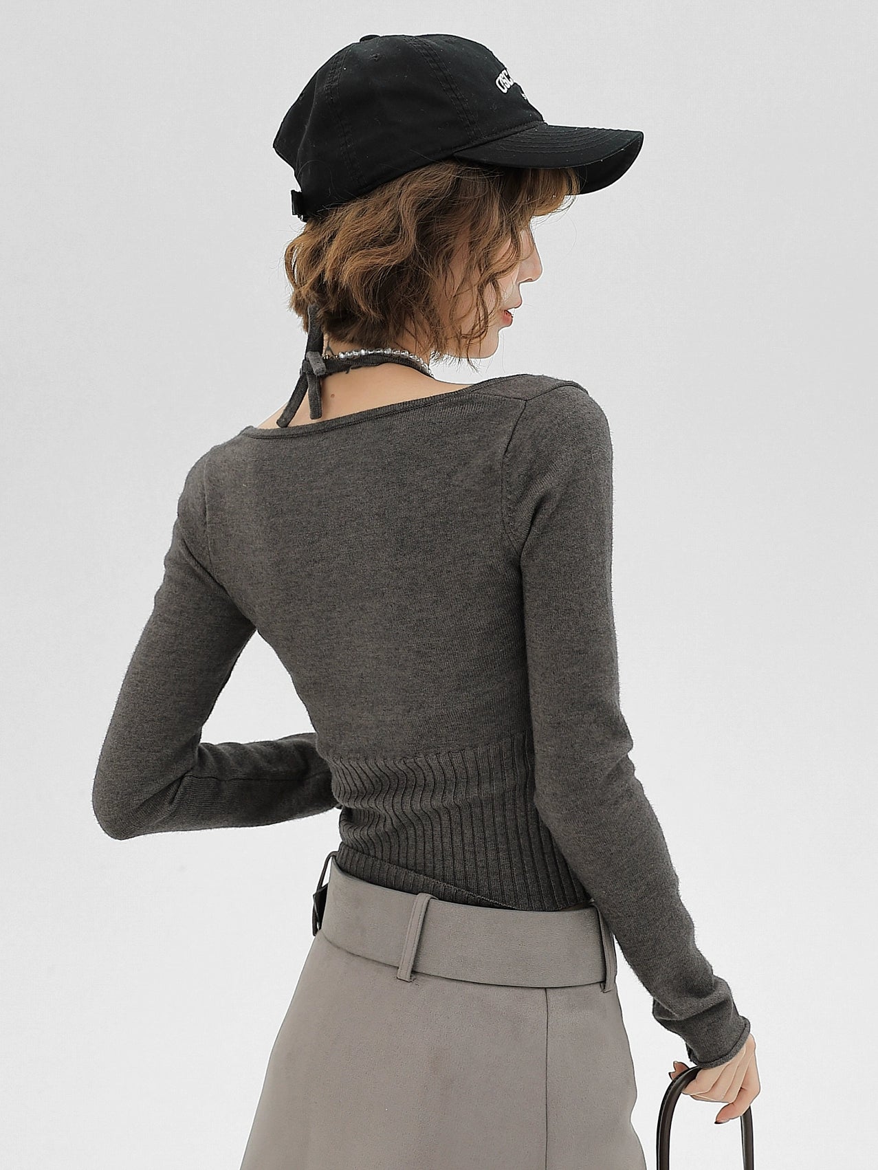 Halter Neck Ribbon Faux Two Piece Slim Knit Top