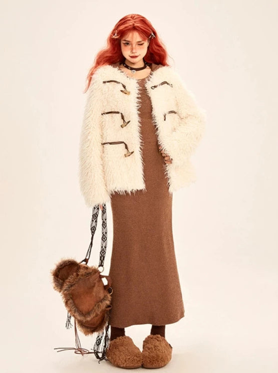 Horn Buckle White Fur Integrated Loose Short Coat