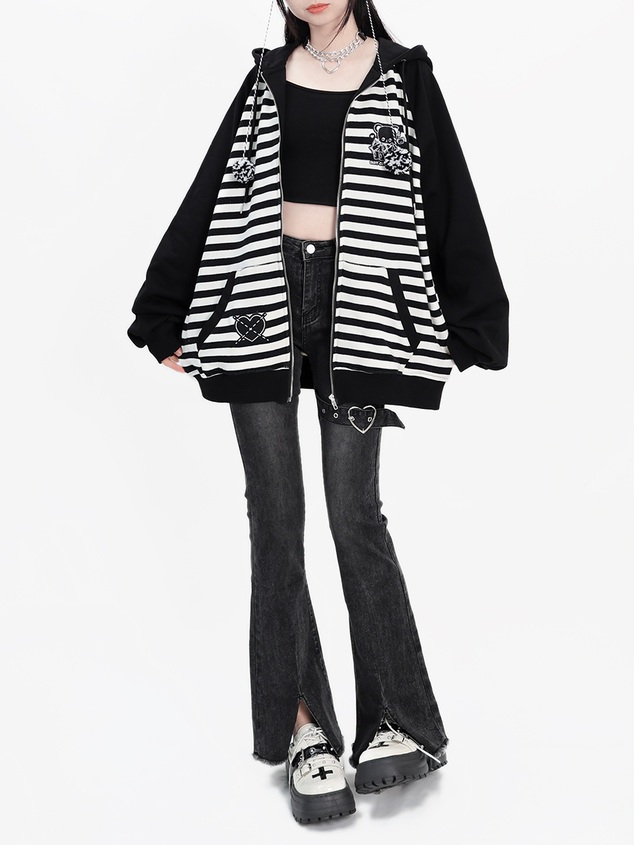 Parka zippée à capuche avec rayures bicolores