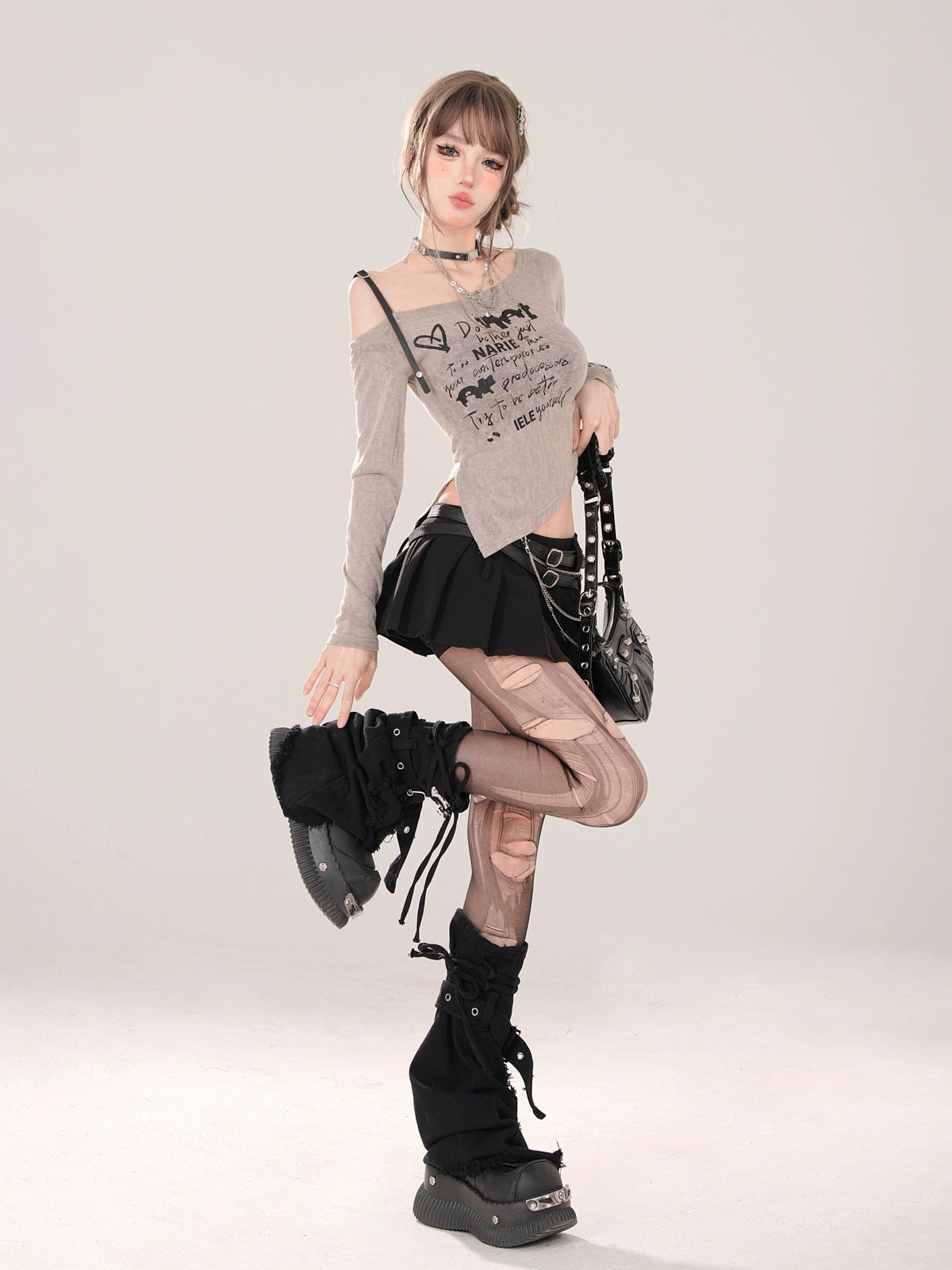 Straps Off-Shoulder Irregular Slit Sheer Long T [Reservation Item