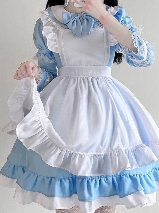 リボン付き2wayスリーブメイドドレス+フリルエプロン - LilyBlack