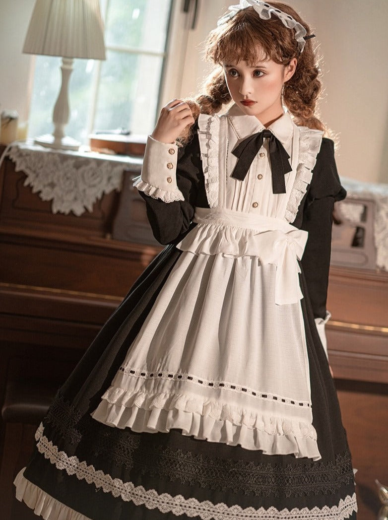 Front Ribbon Lantern Long Sleeve Maid Dress + Ruffle Big Ribbon Apron Belchic Front Ribbon Lantern Long Sleeve Maid Dress + Ruffle Big Ribbon Apron Belchic