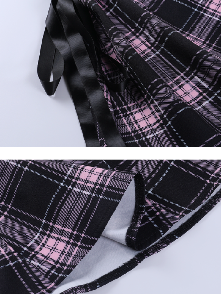 流行色格纹吊带裙