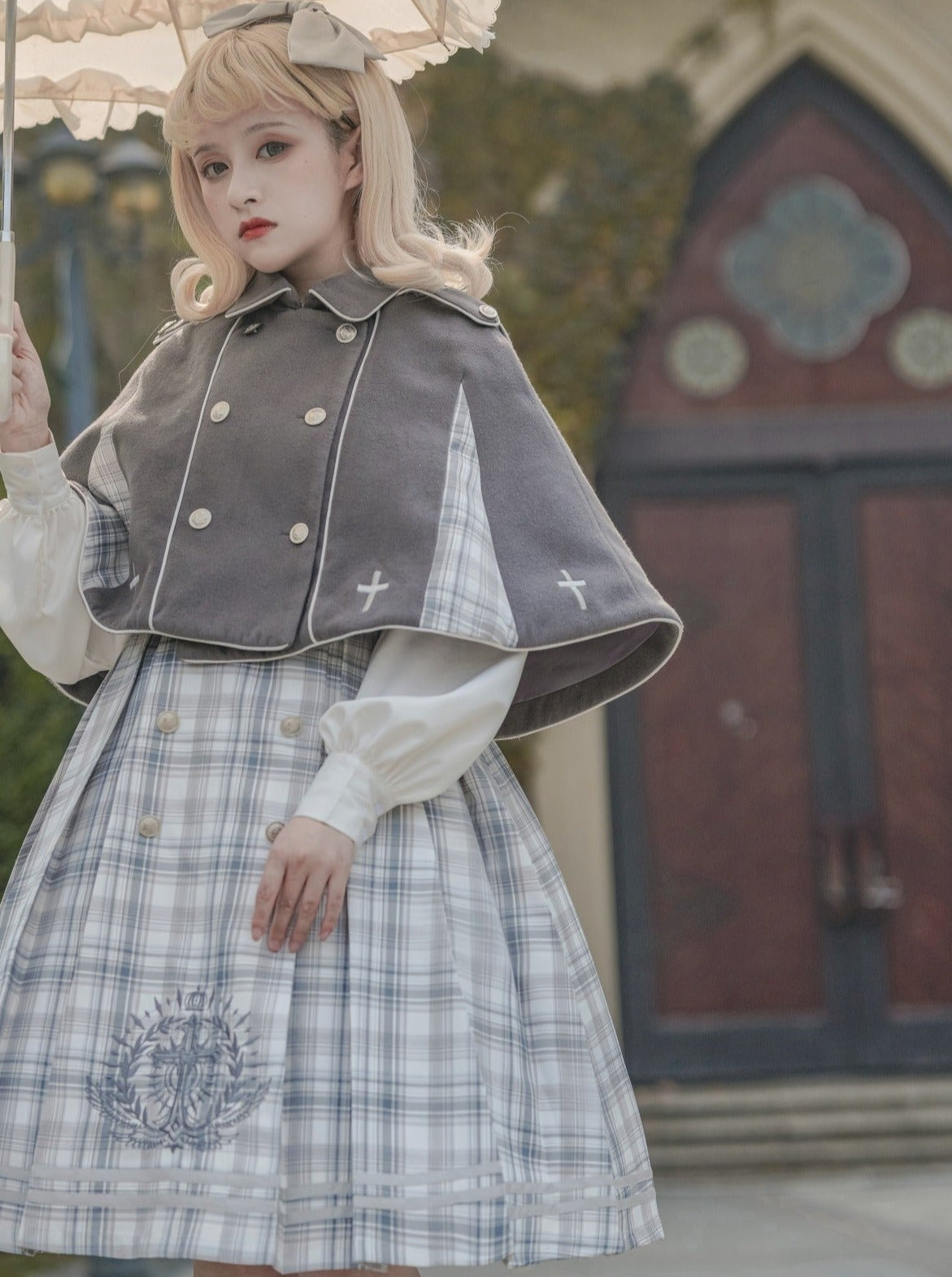 보타이 칼라 볼륨 소매 체크 원피스 + 크로스 체크 케이프 코트