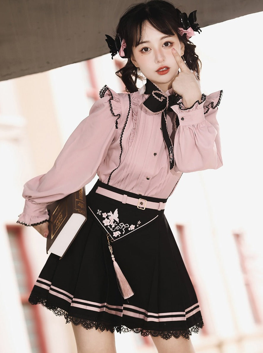 Embroidery ribbon with ribbon friller blouse + tassel strap embroidery lace line skirt