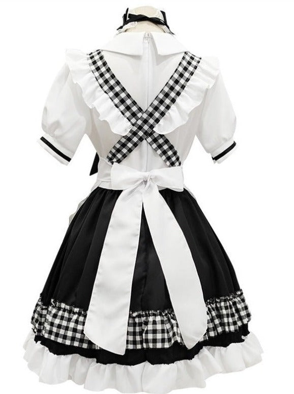 チェックワンピース+メイドエプロン+ヘアアクセサリー+ヘアバンド+アームバンド+リボン6点セット - Belchic