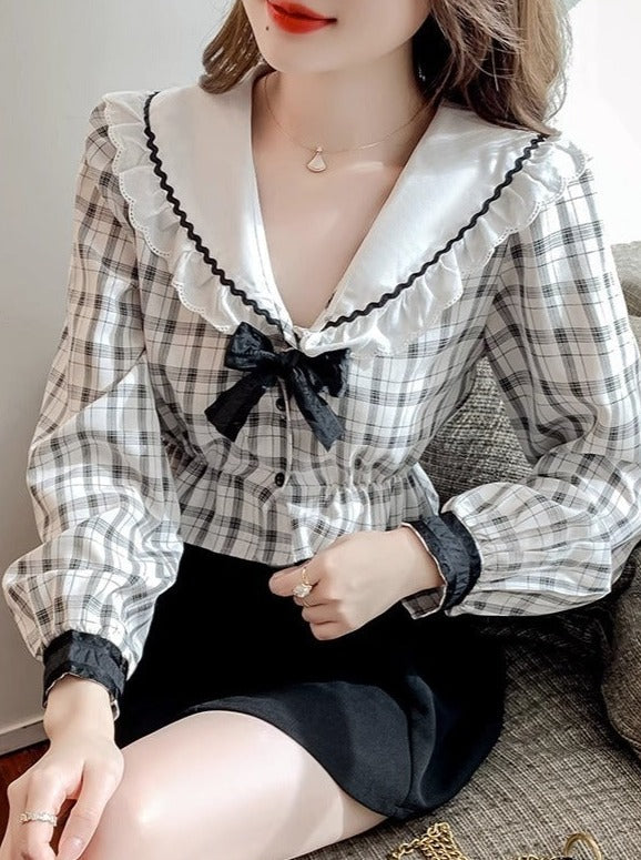 セーラーカラーチェックリボンフリルトップス