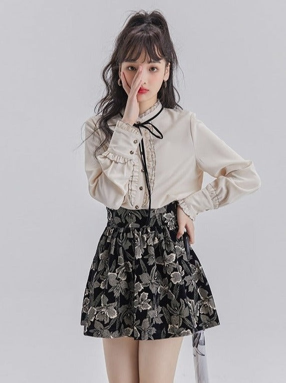 Lace Frill Ribbon Blouse + Flower Jacquard Skirt – Belchic