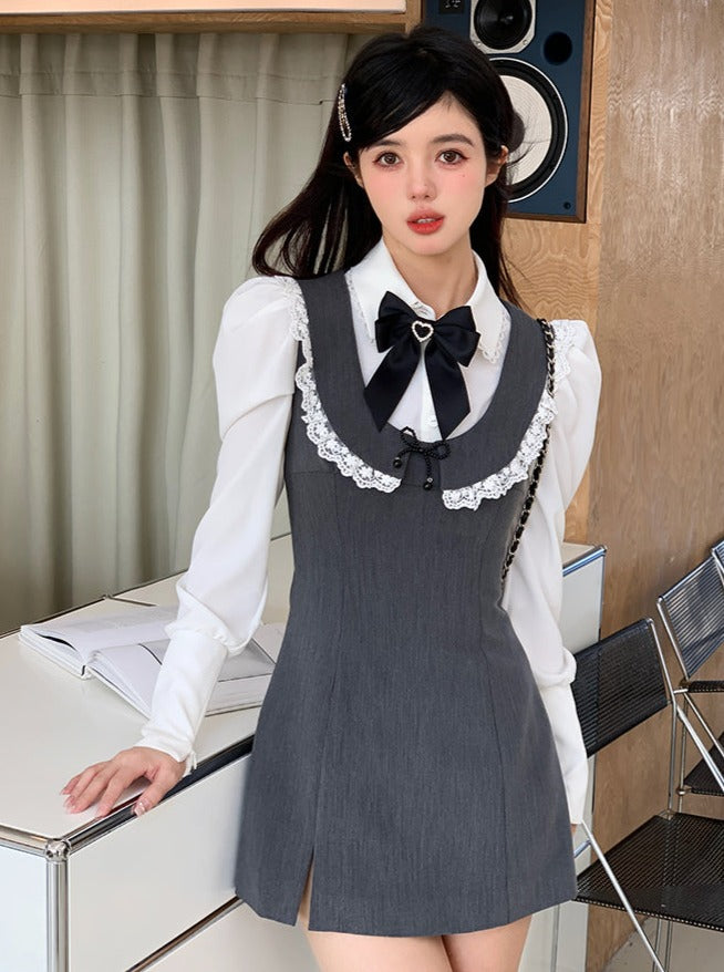 褶边丝带粉彩袖连衣裙