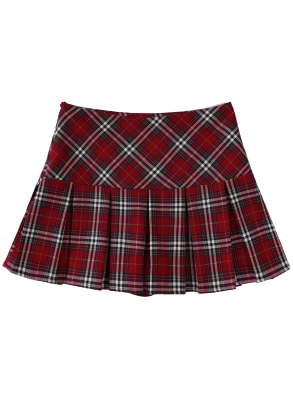 American Retro College Style Red Check Pleated Skirt
