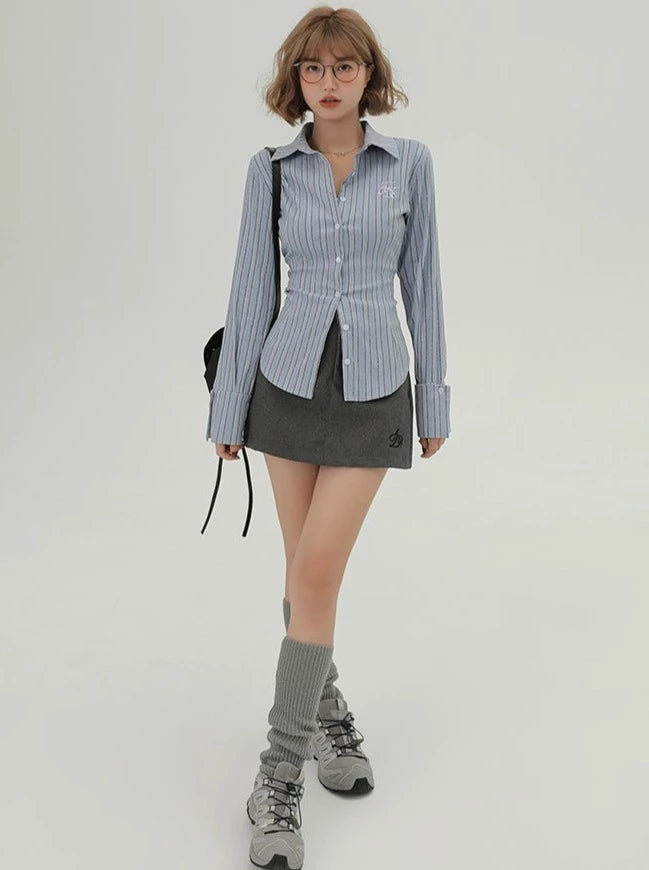 아메리칸 컬리지 스타일 스트라이프 슬림 웨이스트 셔츠