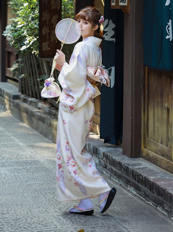 Beige fluora -striped yukata