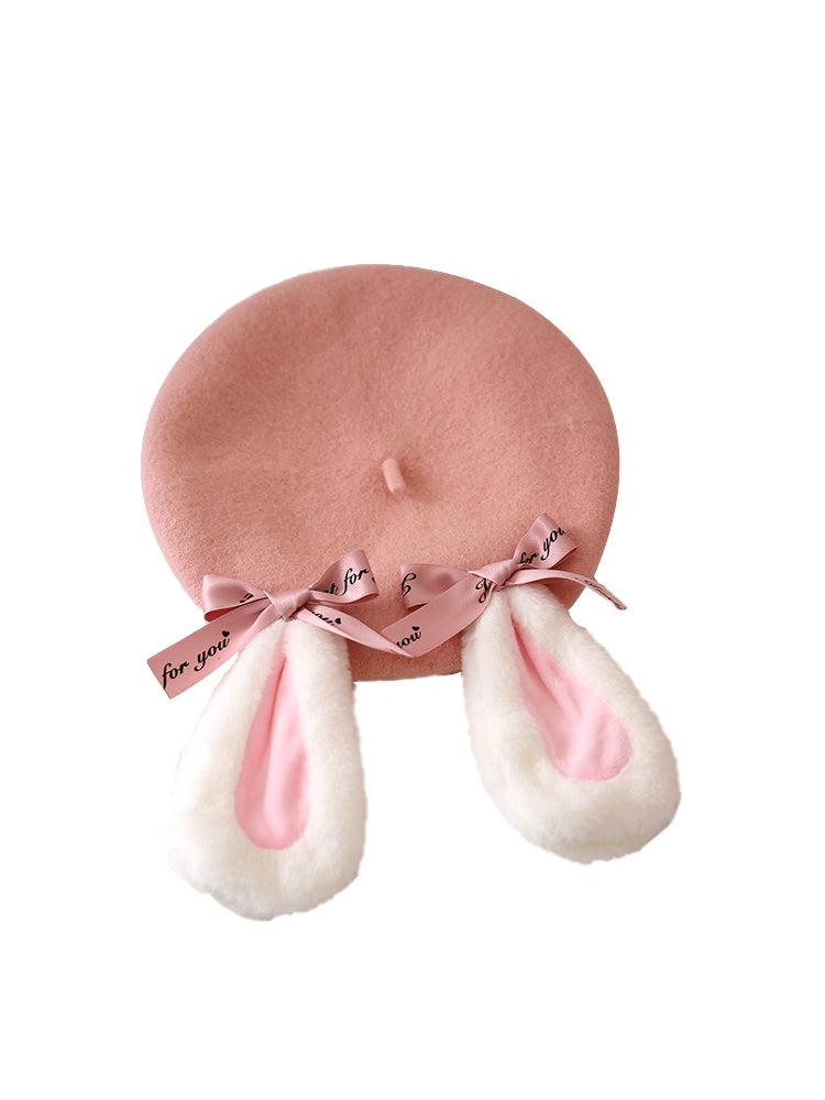 Fur Bunny Ear Ribbon Beret