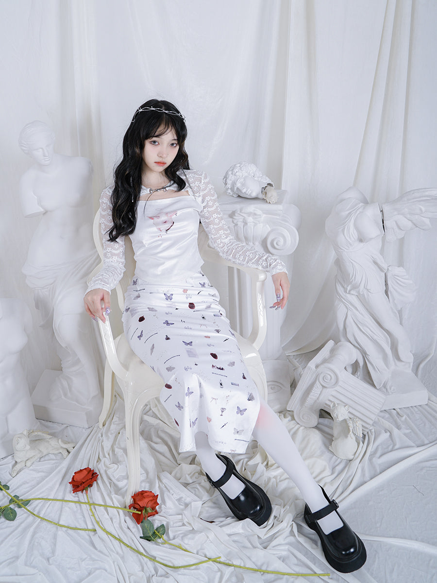 Butterfly Heart Saber Print Retro Slit High West Long Skirt