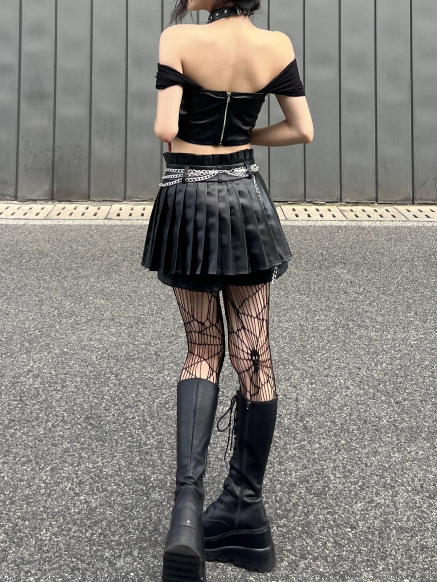 朋克摇滚黑色皮质链条百褶裙裤