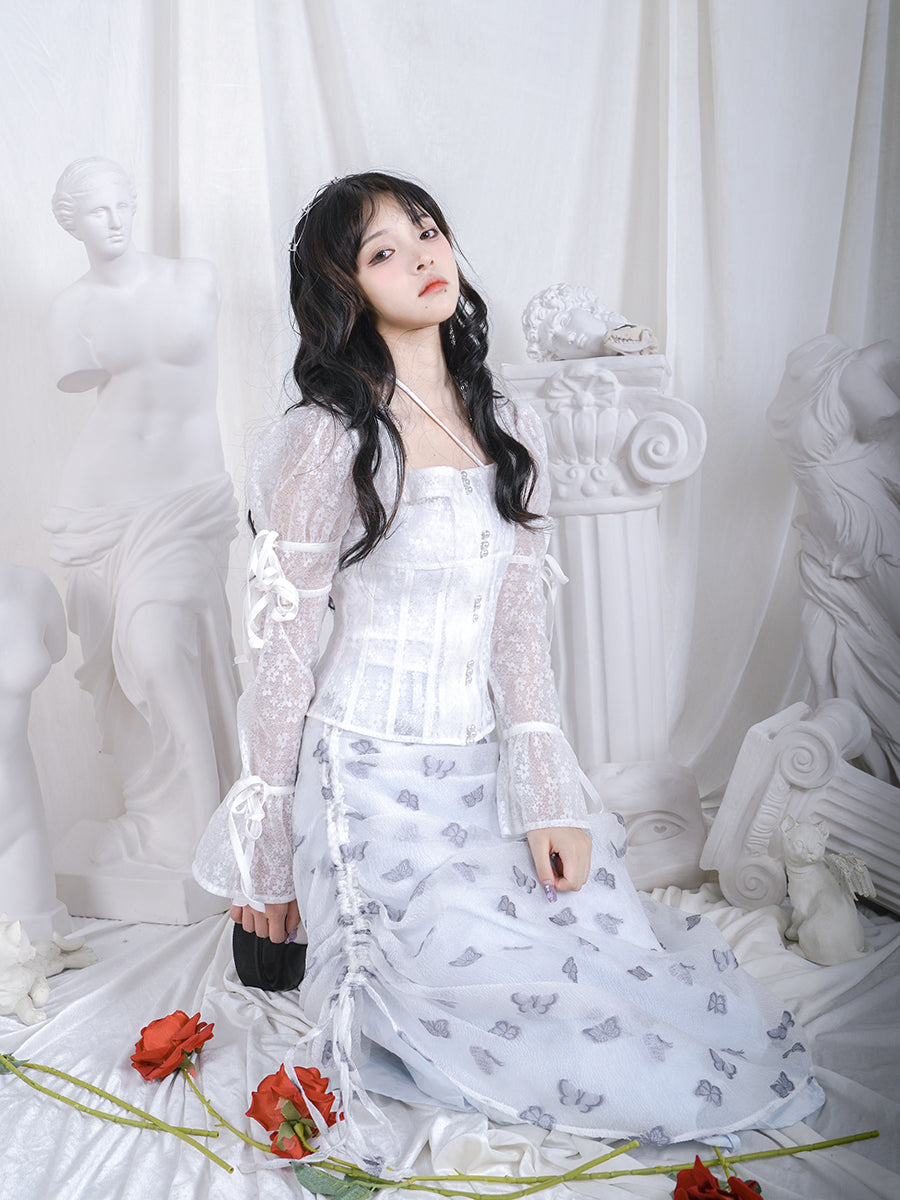 Palace Bubble Princess Sleeve Flower Lace Pearl Sheer Top