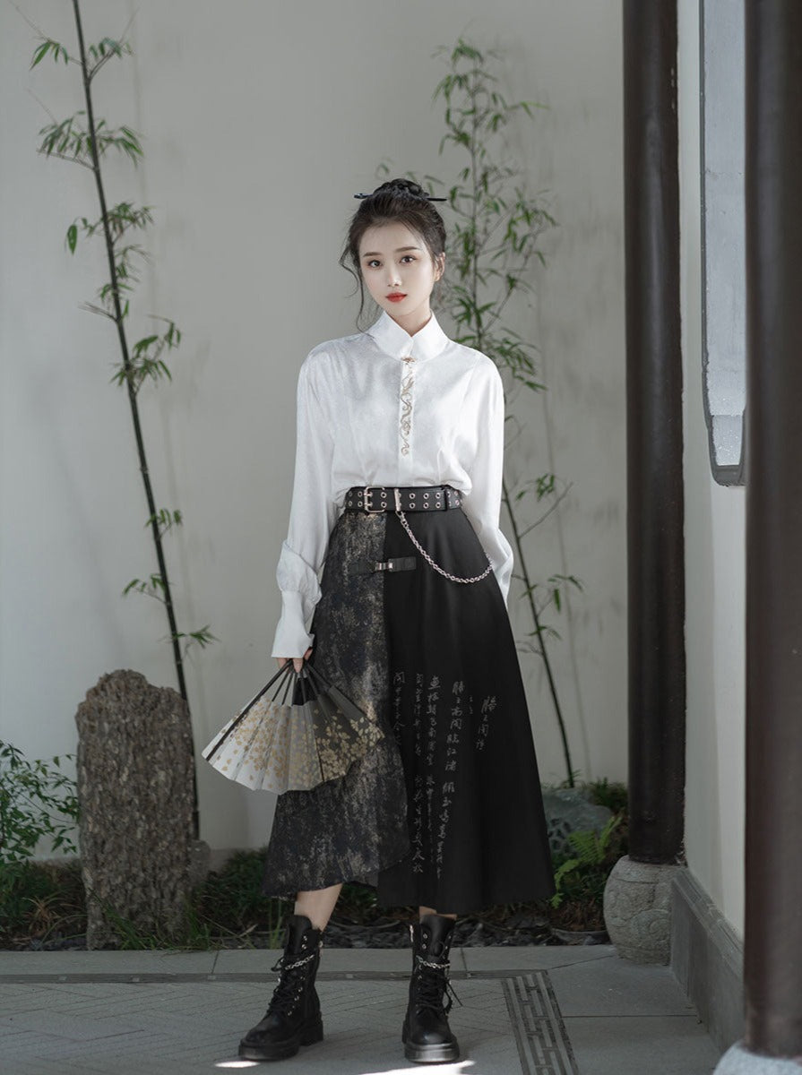 ゴールドワンポイントデザインチャイナユニセックスシャツ