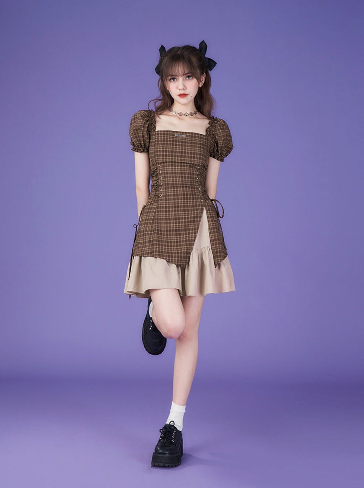 Cool Pure Deza Coffee Color Check Dress