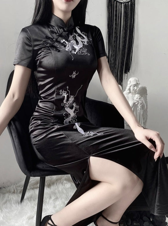 Slit High Waist Dark Long Skirt Cheongsam Dress