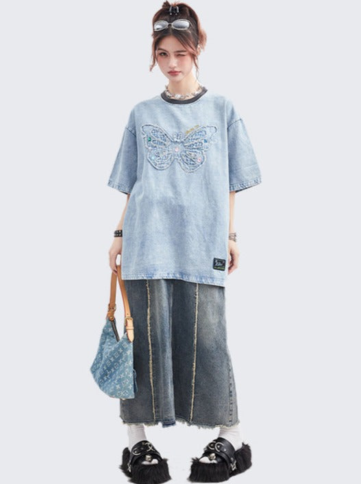 Retro Denim Butterflyrze T -shirt