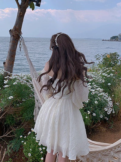 French Square Lantern Robe à fleurs à manches transparentes