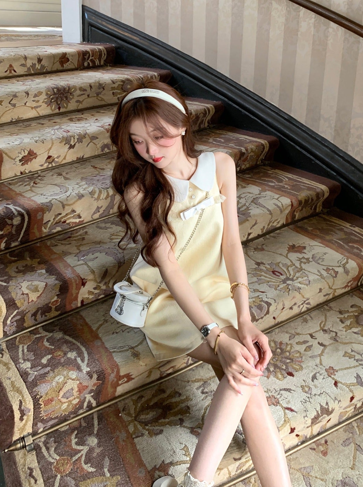 フレンチドールカラーハニーイエローノースリーブサマーAラインワンピース