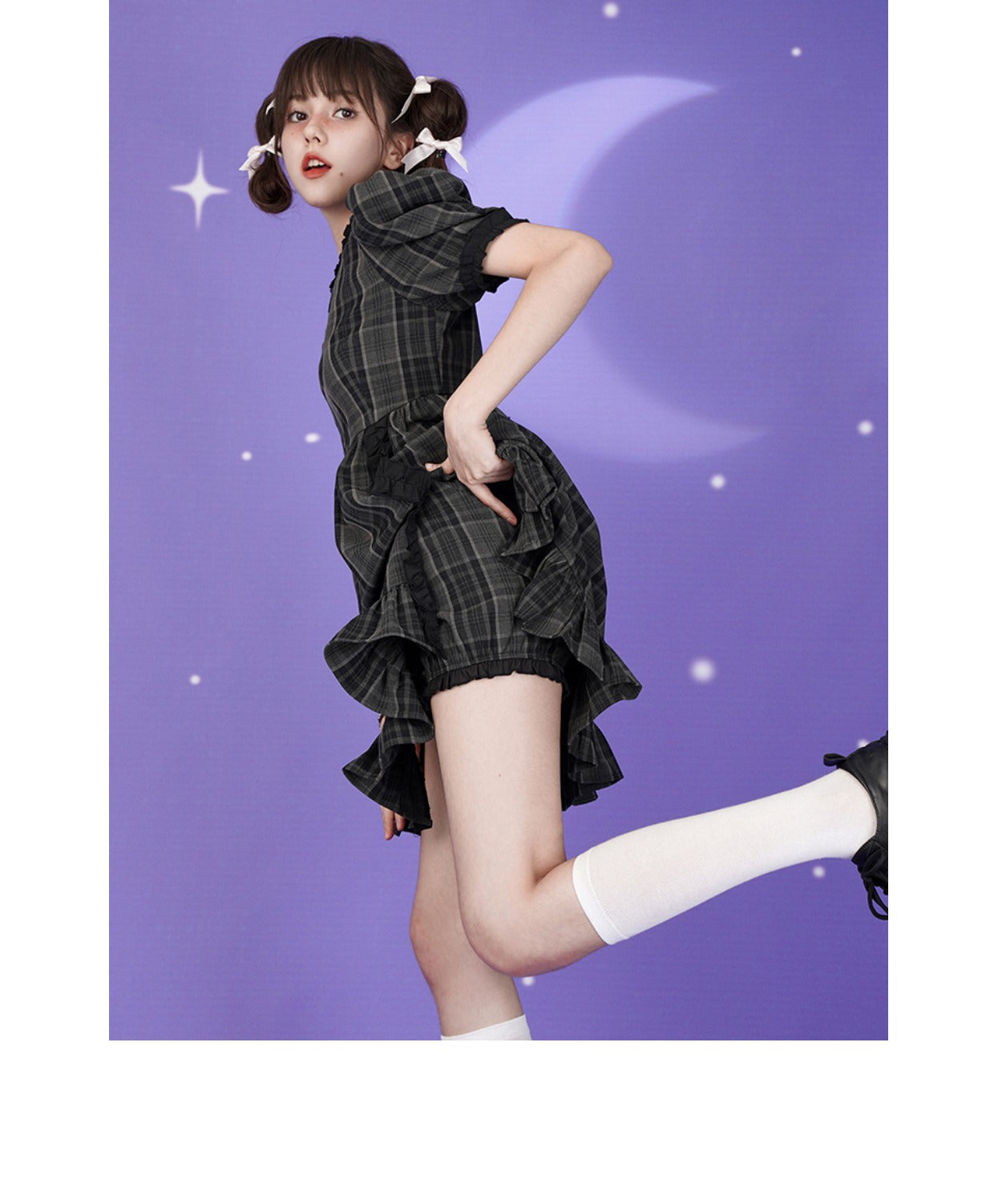 チェックパフスリーブフリルスプリットワンピース+ショートパンツ