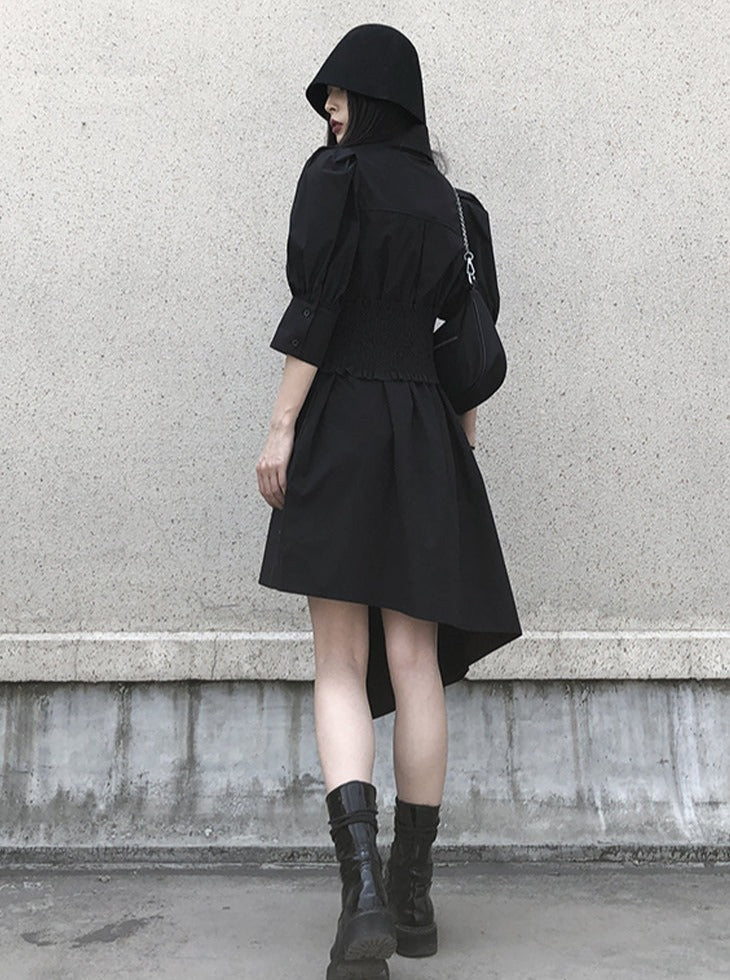 蓬蓬袖不对称衬衫裙