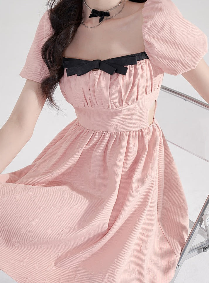 パフスリーブジャカードリボンスクエアカラードレス