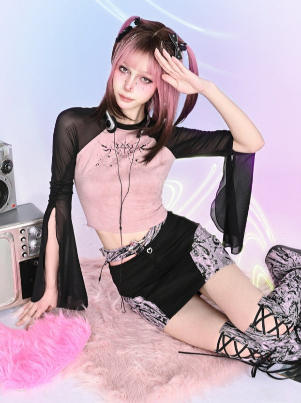 Y2K Black Sheer Slit Sleeve Printed Raglan T-Shirt