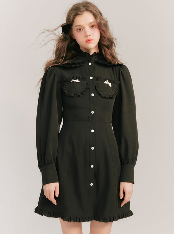 Little Ribbon Fring Shirt Long Dress