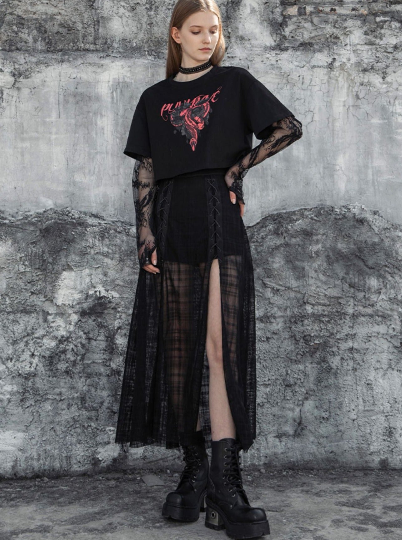 ハイウエストAラインスリットメッシュパンツスカート