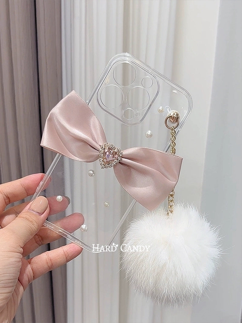 걸리 래빗 모피볼 펜던트 리본 라인석 핸드폰 케이스 (여성용)