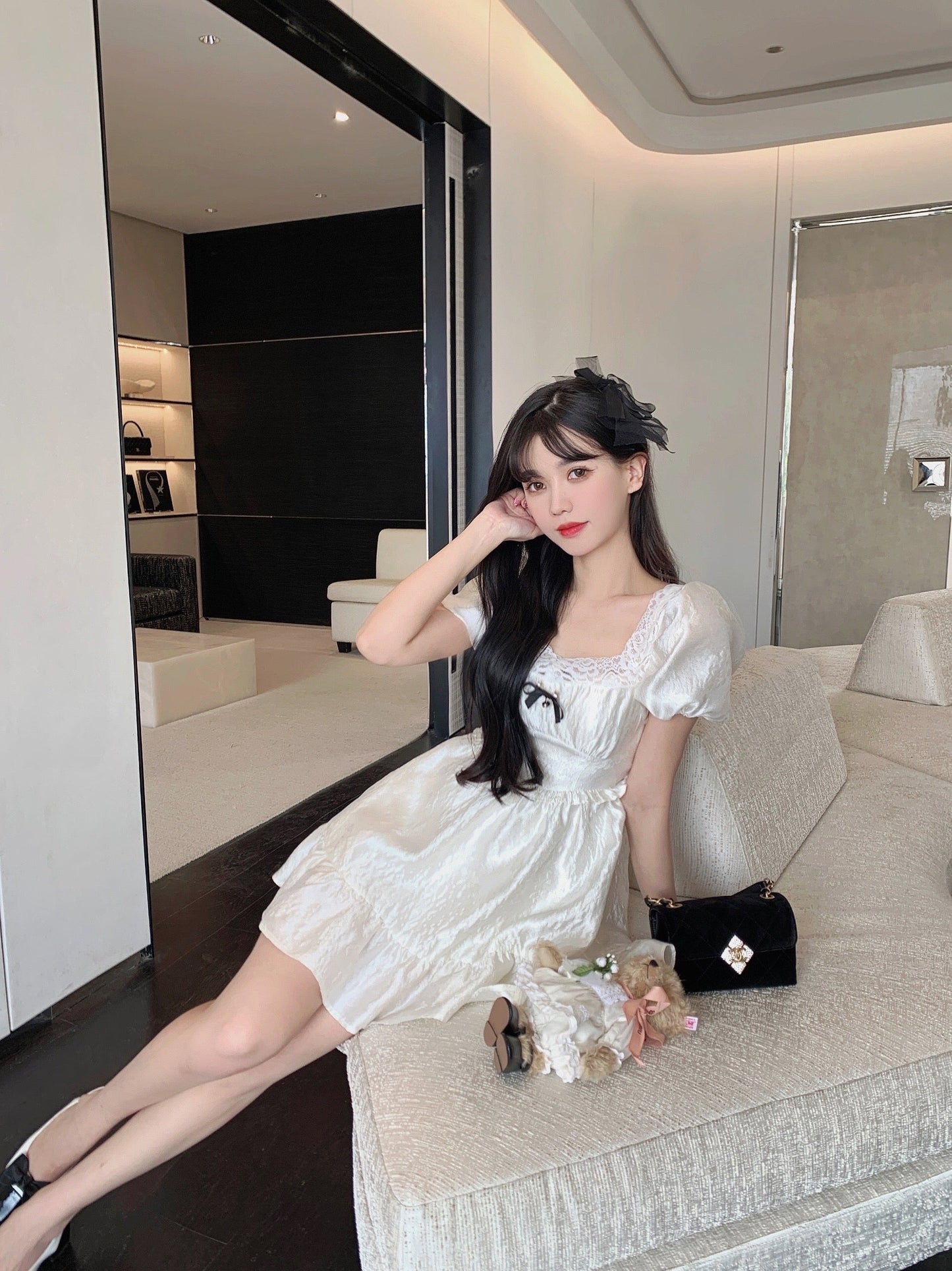 French Bowlace Square Neck Ribbon Flare One Piece