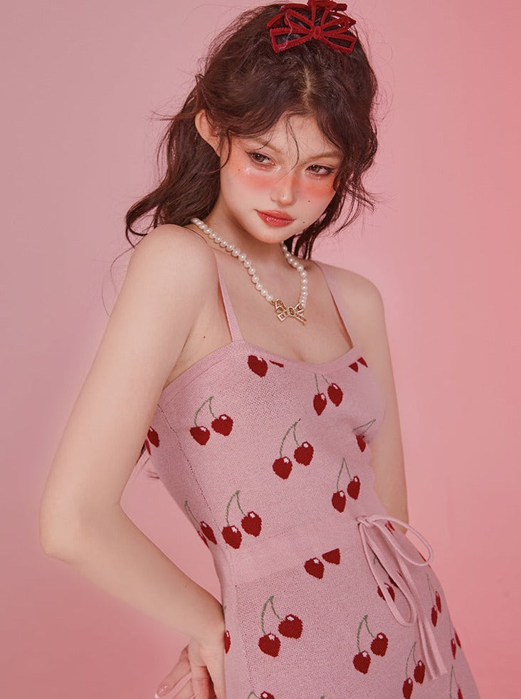 チェリースカートピンクニットカーディガンニットサスペンダーワンピースセットアップ