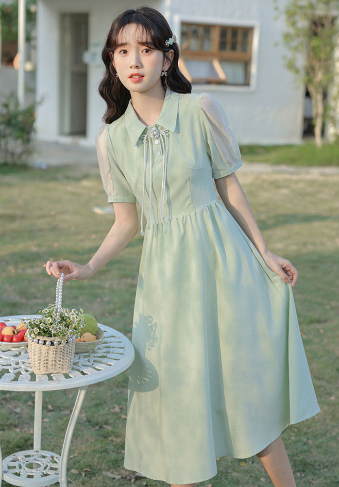 シアーパフスリーブフレンチリボンワンピース