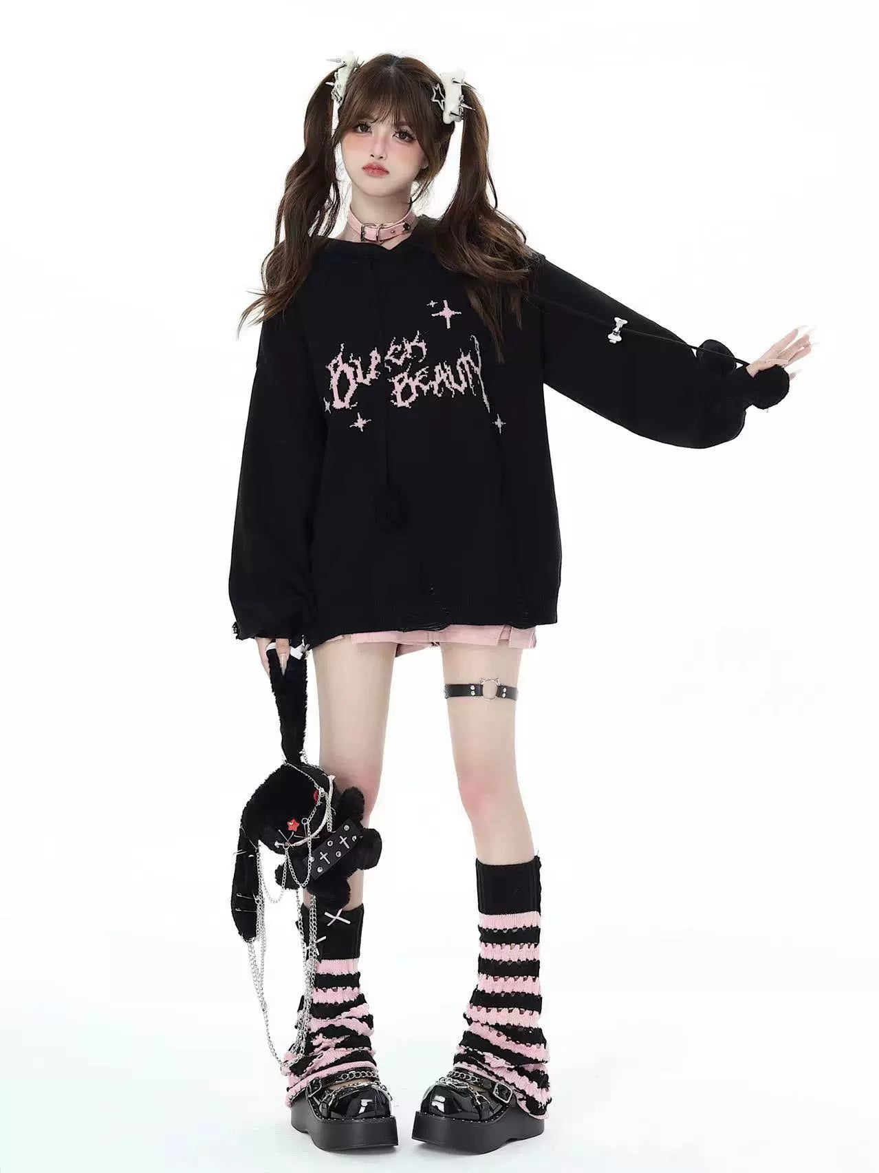 테두리 니트 파일 레그 워머