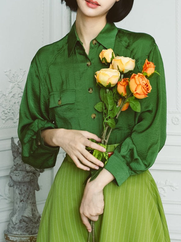 French Retro Satin Silky Pocket Loose Emerald Shirt